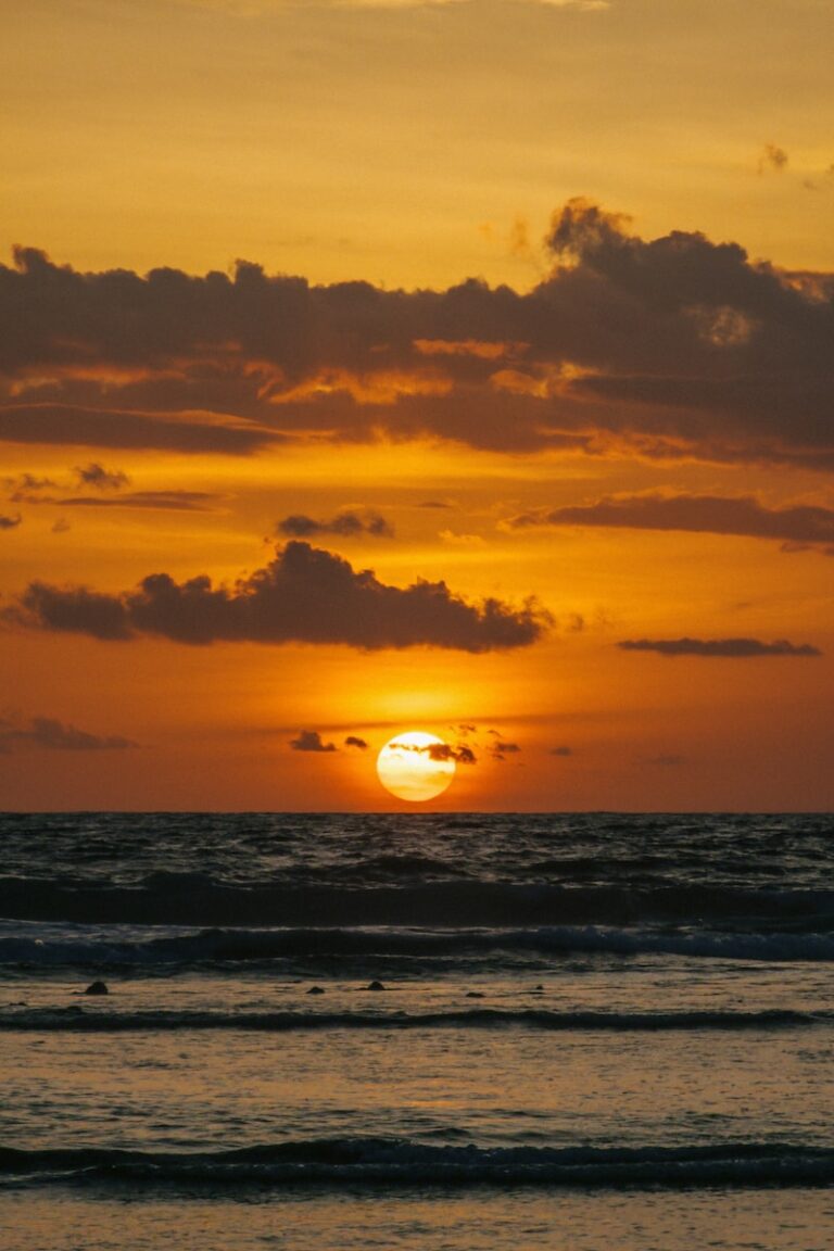 the sun is setting over the ocean on a cloudy day